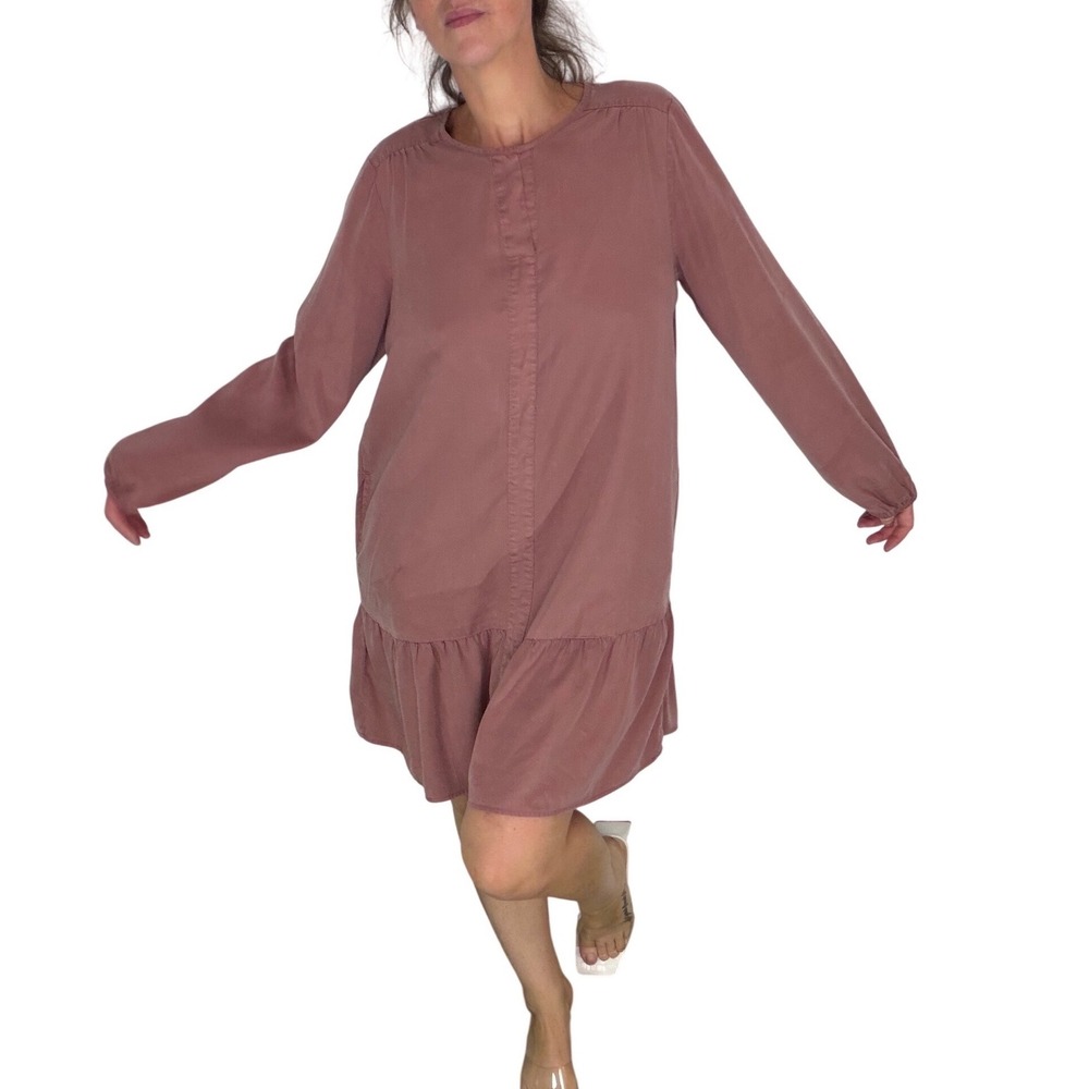 Buffalo David Bitton Ruffle Drop Waist 100% Tencel Shift Dress Midi Mauve Boho L